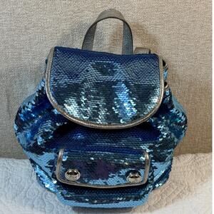 Coach Women’s Blue Poppy Sequin Backpack Signature Glitter Travel Bag Designer